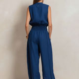 Women's Elegant Dark Blue Cotton-Linen Sleeveless Jumpsuit With Round Neck MDZ2068C2AN
