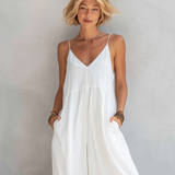 Women's Casual White Cotton-linen Blend Sleeveless Loose Jumpsuit MDZ0246C9AN