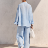 Women's Light‑Blue Linen Fabric Stand‑Collar Half‑Zip Oversized Top & Wide‑Leg Pants Set