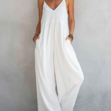 Women's Casual White Cotton-linen Blend Sleeveless Loose Jumpsuit MDZ0246C9AN