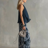 Ludovica | Stylish Navy Halter Top and Wide-Leg Printed Set