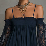 Noemi | Mini dress in navy blue chiffon with off-the-shoulder neckline, lace trim, and sheer sleeves