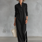 Women's Minimalist White-trimmed Button-down Collar Sweatshirt Maxi Dress MDA0958L0Y