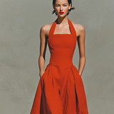 Women's Red Linen Maxi Dress With Halter Neck & Pleated Skirt, Timeless Elegant-Resort Style Dress MDZ2016C7I