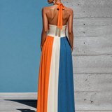 Women’s Orange White Blue Color Block Halter Keyhole Strapless Smocked Bodice Pleated Maxi Dress MDZ2980F6T