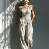 Women's Beige & White Striped Linen-Blend Jumpsuit With Square Neck & Tie Straps MDZ2733B8T