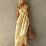 Women's Elegant Pink Cotton-Linen One-Shoulder Sleeveless Maxi Dress MDZ0829E1LXY