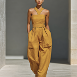 Women's Mustard Yellow Linen-Blend Jumpsuit With Crisscross Neckline & Relaxed Trousers MDZ2808B6T