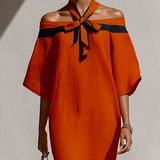 Women’s Orange Off-Shoulder Mini Dress With Black Bow Neck Detail MDZ1340E3T