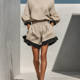 Women’s Beige Linen-Blend Contrast Ruffle Trim Long Sleeve Blouse & High-Waisted Ruffle Hem Shorts Two-Piece Set MDZ1018D0T