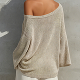 Women's Beige Shimmer Ribbed Knit Off Shoulder Drop Shoulder Three Quarter Sleeve Casual Blouse MDZ1613G0YZJ