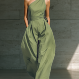 Women's Light Green Cotton And Linen Blend One-Shoulder Wide-Leg Jumpsuit With Tie Waist MDZ3136A8T