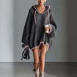Women's Loose Hooded Pink Trimmed Knit Mini Dress MDA0255I8Y