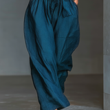 Women's Navy Blue Linen Fabric Cross Halter Wide-Leg Jumpsuit With Tie Waist & Side Pockets MDZ0455B5T