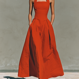 Women's Red Linen Maxi Dress With Halter Neck & Pleated Skirt, Timeless Elegant-Resort Style Dress MDZ2016C7I