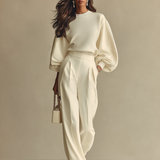 Women's Off-white Lightweight Woven Wide Leg Pants with High Waist & Loose Fit, Sophisticated Office Chic Trousers MDZ0856A8I