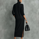 Women's Elegant Black Knitted Turtleneck Long-sleeved Loose-fitting  Midi Dress With No Pockets MDA1974L7AN