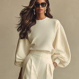 Women's Off-white Lightweight Woven Wide Leg Pants with High Waist & Loose Fit, Sophisticated Office Chic Trousers MDZ0856A8I