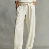 Women's Cream Tailored Wide-Leg Pants with Draped Silhouette & Belt Loops, Contemporary Effortless-Chic Style Pants MDA1509K4I