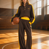 Retro Sportswear Dark Brown Cotton Stand-collar Top And Pants Set