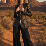 Equestrian Chocolate Brown Faux Leather Blazer Women Tailored Silver Button Fall Jacket