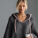 Women's Loose Hooded Pink Trimmed Knit Mini Dress MDA0255I8Y