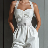 Women's Ivory Cotton And Linen Blend Wide-Leg Jumpsuit With Cinched Waist MDZ0674B7T