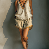 Women's Khaki Linen Waist Contrast Brown Trim Casual Loose Shorts With Side Pockets MDZ3043C3T