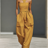 Women's Mustard Yellow Linen-Blend Jumpsuit With Crisscross Neckline & Relaxed Trousers MDZ2808B6T