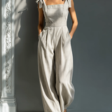 Women's Beige & White Striped Linen-Blend Jumpsuit With Square Neck & Tie Straps MDZ2733B8T