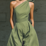 Women's Light Green Cotton And Linen Blend One-Shoulder Wide-Leg Jumpsuit With Tie Waist MDZ3136A8T