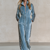 Retro-chic Zebra-print Velvet Drawstring Jumpsuit