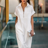 Women's White 100% Cotton Maxi Shirt Dress With Half-Zip Collar & Rolled Sleeves, Timeless Casual Everyday Dress MDZ0779E4LYL