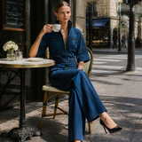 Women's Denim Stand-Collar Zip Black-Trim Cargo-Pocket Short-Sleeve Wide-Leg Jumpsuit MDZ2514H3CMX