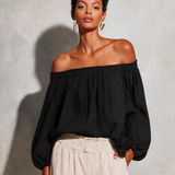 Women's Casual Style Purple Cotton And Linen Off-shoulder Long Lantern Sleeve Top MDZ0697E3GMJ