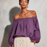 Women's Casual Style Purple Cotton And Linen Off-shoulder Long Lantern Sleeve Top MDZ0697E3GMJ