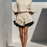 Women’s Beige Linen-Blend Contrast Ruffle Trim Long Sleeve Blouse & High-Waisted Ruffle Hem Shorts Two-Piece Set MDZ1018D0T