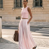 Women's Casual Pink Stretch-knit Sleeveless Round-neck Top Paired With A Woven Pink Printed Maxi Skirt MDZ0986G3LXY