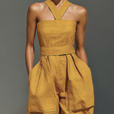 Women's Mustard Yellow Linen-Blend Jumpsuit With Crisscross Neckline & Relaxed Trousers MDZ2808B6T