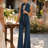 Women's Retro Style Dark Blue Denim Sleeveless High-Neck Flared Jumpsuit With Front Zipper MDZ1239B2BA