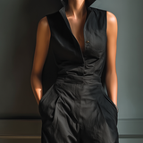 Women's Black Cotton And Linen Blend Sleeveless Collared Jumpsuit With Cargo Pockets MDZ0908A3T
