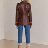 Casual Retro Gold Ribbon Brown PU Blazer