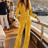 Stylish Retro Yellow Velvet Zipper Long-Sleeved Jumpsuit