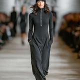 Women's Sports Cotton Blend Half-high Collar Zipper Loose Maxi Dress MDA3197G9Y