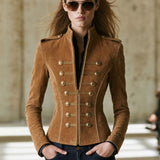 Casual Retro Gold-ribbed Camel-colored Faux Suede Zip-up Jacket