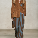 Retro-casual Elegant Faux Suede Shirt And Blue-and-brown Vertical Striped Trousers Set