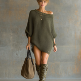 Women's Knit Loose Large Round Neck Batwing Sleeve Mini Dress