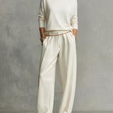 Women's Cream Tailored Wide-Leg Pants with Draped Silhouette & Belt Loops, Contemporary Effortless-Chic Style Pants MDA1509K4I