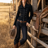Women's Military-Style Black Faux Suede Zip-Front Napoleon Jacket