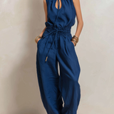 Women's Elegant Dark Blue Cotton-Linen Sleeveless Jumpsuit With Round Neck MDZ2068C2AN